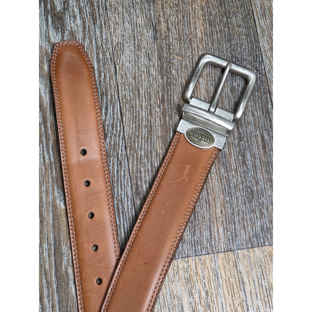 Fossil Mens Reversible Leather Belt Tan Brown Black Silver Buckle 34